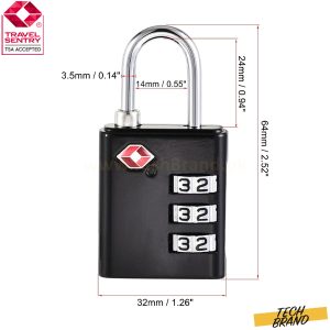 TSA Approved Luggage Lock 3 Digit Combination Travel Padlock Zinc Alloy Black 64x32x13mm