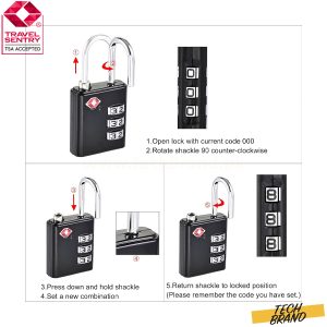 TSA Approved Luggage Lock 3 Digit Combination Travel Padlock Zinc Alloy Black 64x32x13mm