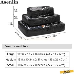 Asenlin Travel Packing Luggage Organizers Black Pack of 3